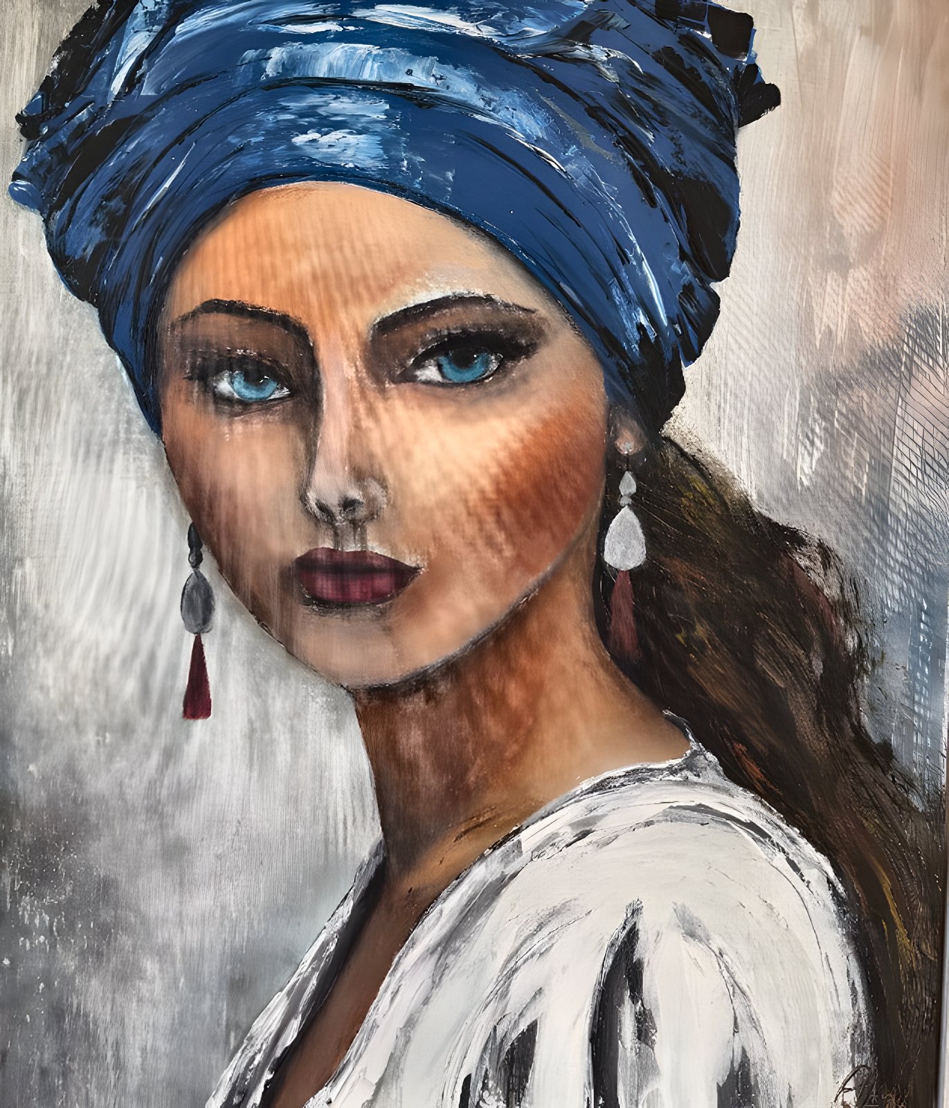 Blauer Turban — Porträt einer Frau mit blauem Kopftuch von Andrea Lerch